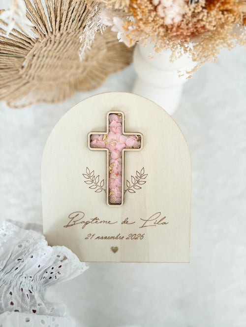 Arche baptême colombe/croix plexi & fleurs séchées